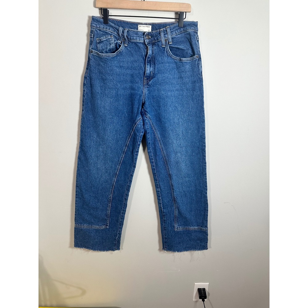 We The Free Good Luck Mid-Rise Barrel Jeans Blue Medium Wash Raw Hem 30